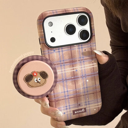 Cute Grid Pattern Cartoon Embroidery Puppy Bracket Magnetic Phone Case For iPhone