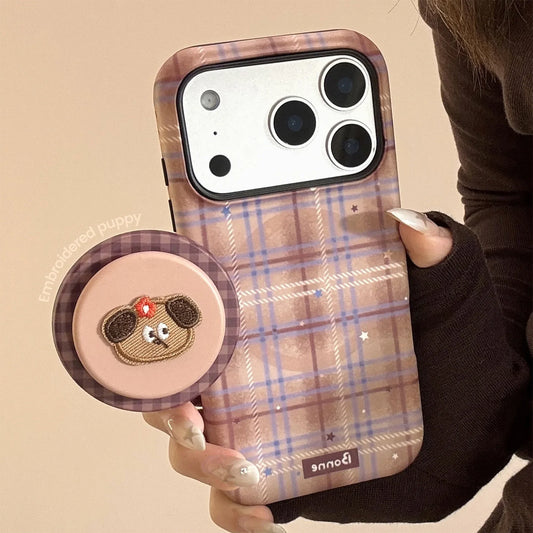 Cute Grid Pattern Cartoon Embroidery Puppy Bracket Magnetic Phone Case For iPhone