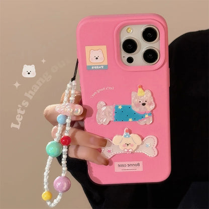 Korean Cute Dog Sticker Pink Bracelet Pendant Phone Case For iPhone