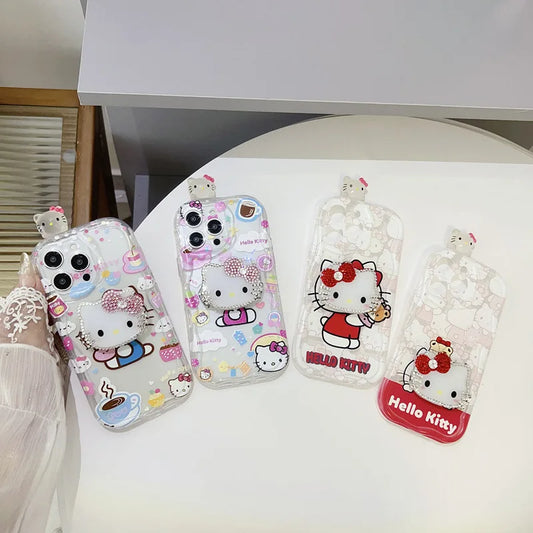 Cute 3D Cartoon Hello Kitty Diamond Bracket Wave Phone Case For iPhone
