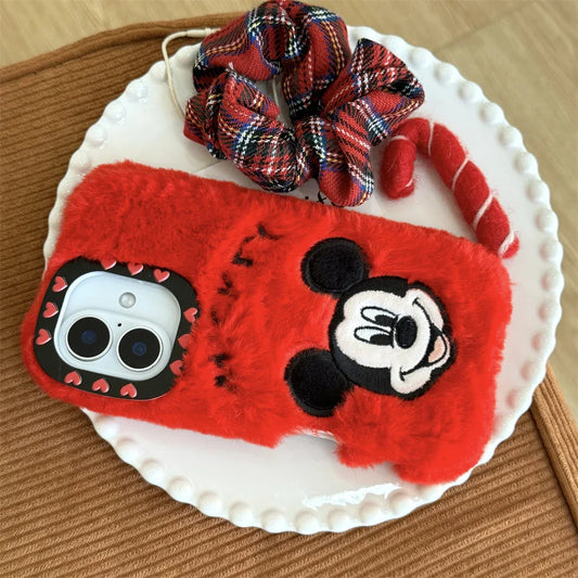 Cartoon Disney Mickey Red Color Winter Warm Plush Phone Case