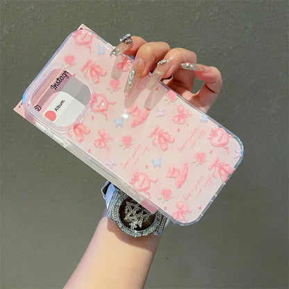 Korean Love Heart Ballet Style Pink Bowknot Rotate Bracket Phone Case For iPhone