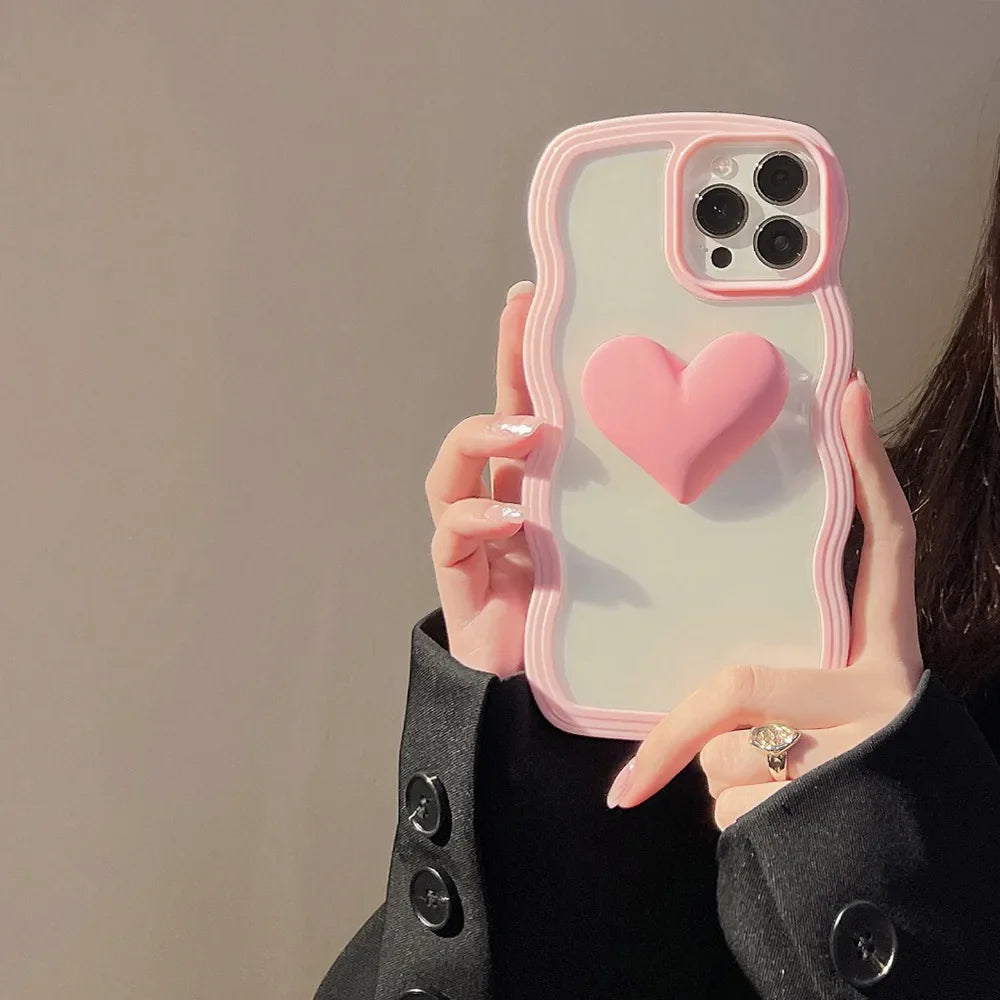 Fashion Transparent Curly Wave 3D Love Heart Phone Case For iPhone
