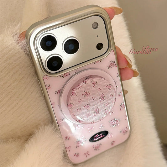 Korean Full Screen Flowers Silver Edge Plating Magnetic Bracket Phone Case For iPhone