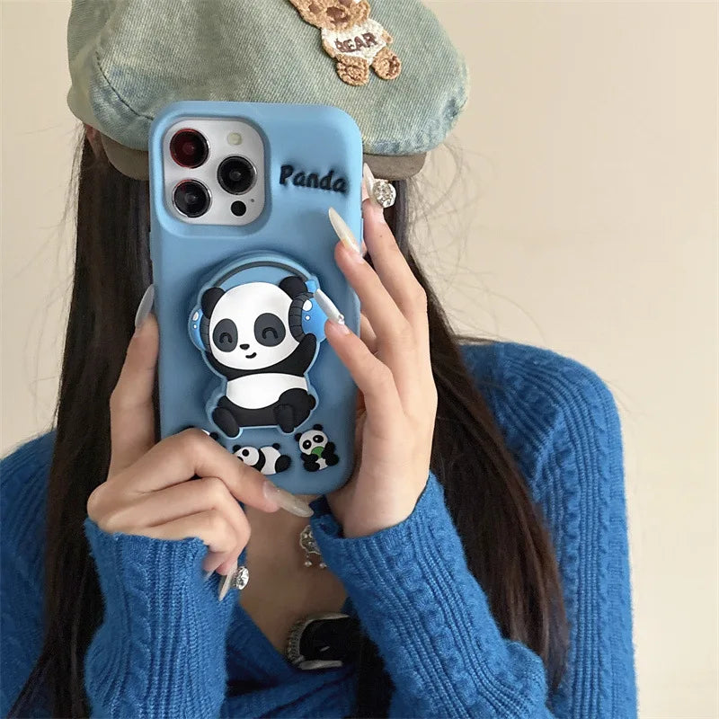 Cartoon Headset Panda Soft Silicone Telescopic Bracket Phone Case For iPhone