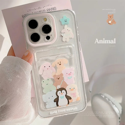 Cute Cartoon Animals Transparent Card Slot Pocket Case For iPhone