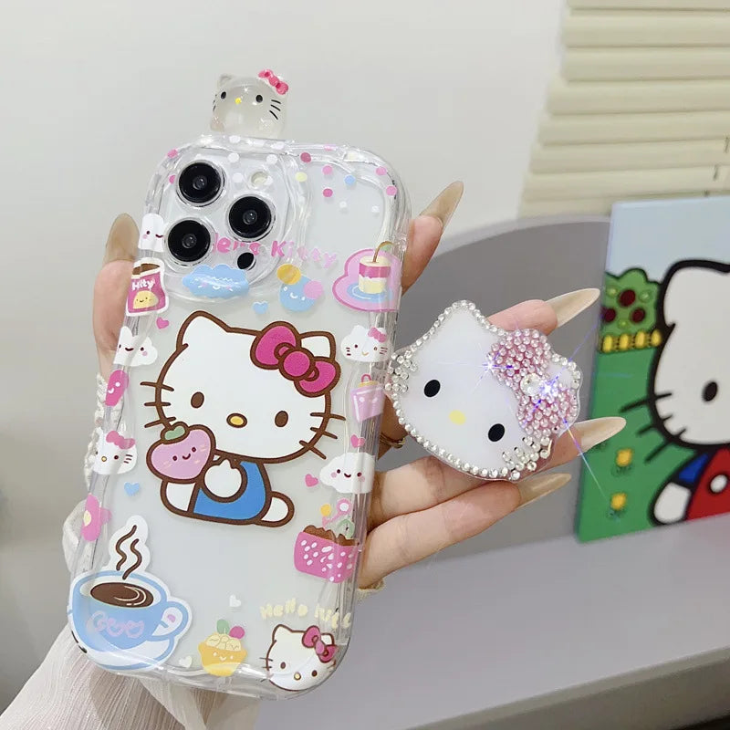 Cute 3D Cartoon Hello Kitty Diamond Bracket Wave Phone Case For iPhone