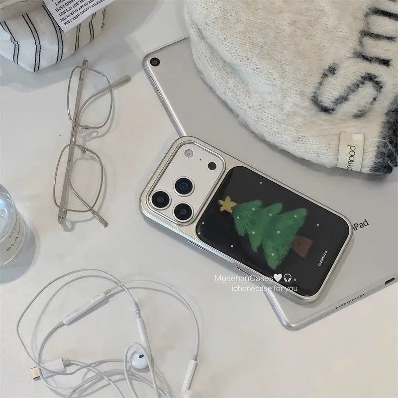 Korean Ins Christmas Tree Simple Silver Frame Phone Case For iPhone
