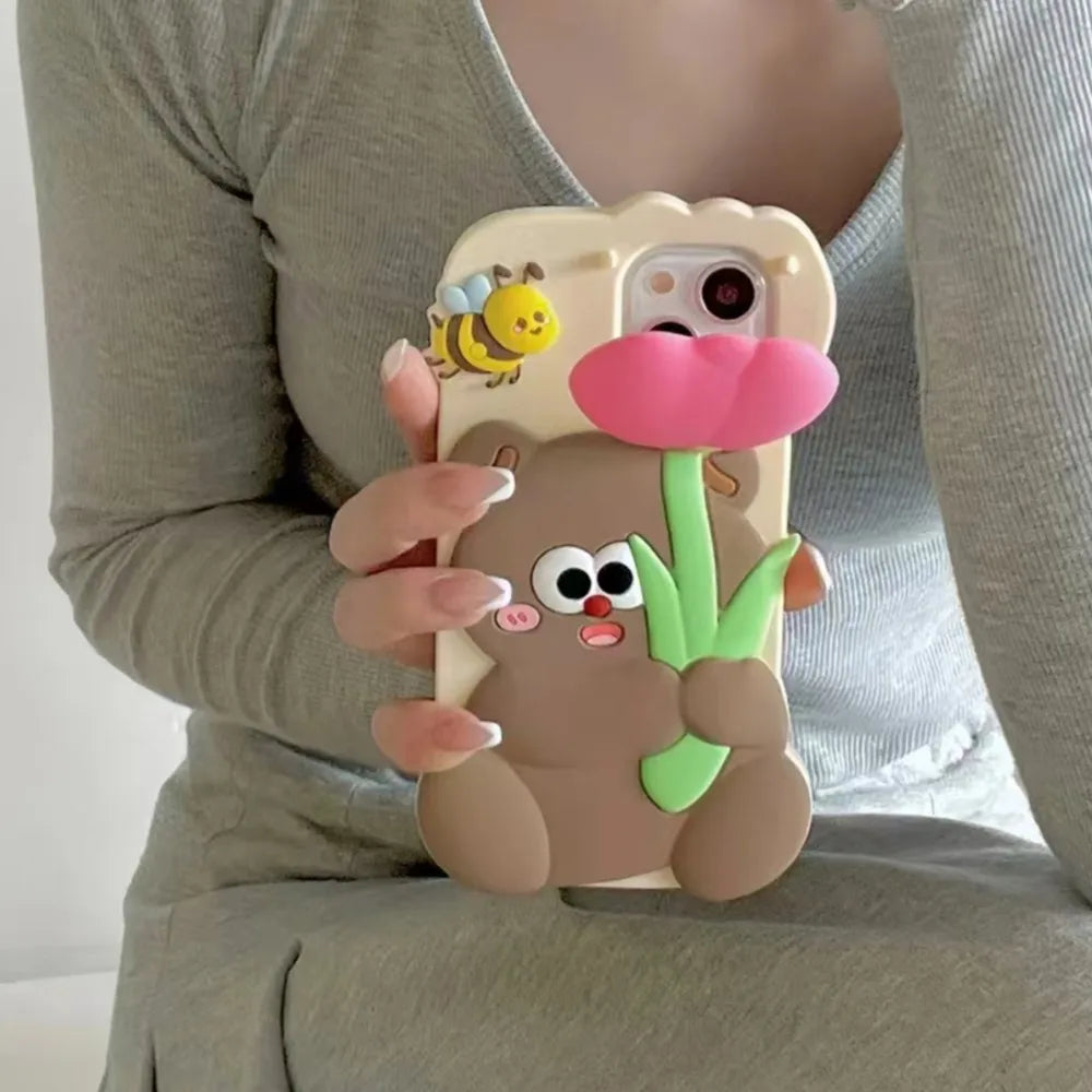 Kawaii 3D Cartoon Bear Holding Tulip Phone Case