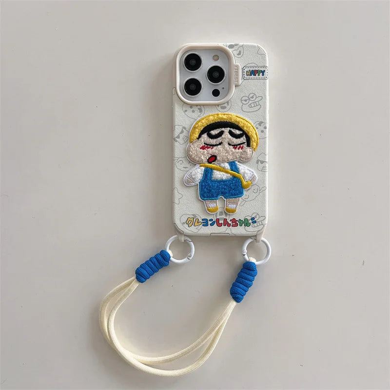 Cute Crayon Shin-chan Embroidered Leather Texture Phone Case For iPhone