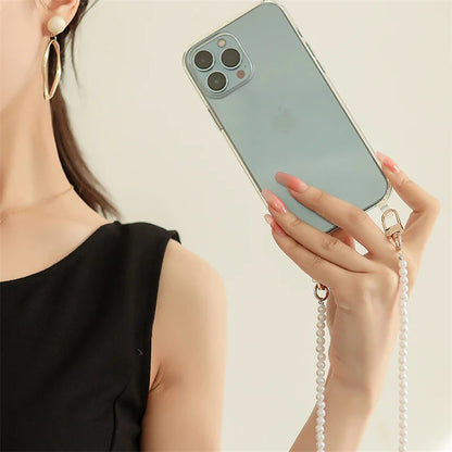 Luxury Crossbody With Lanyard Jewelry Pearl Chain Clear Holder Phone Case For iPhone