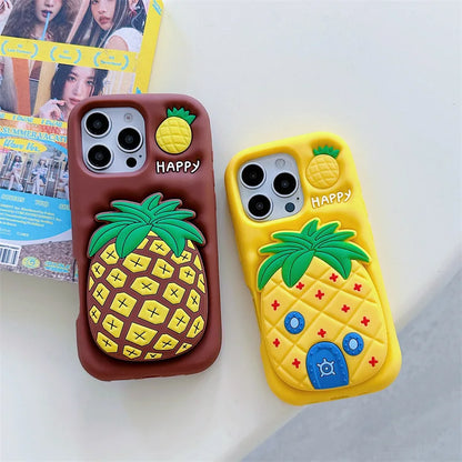 3D Cartoon Pineapple Telescopic Bracket Soft Silicone Phone Case For iPhone
