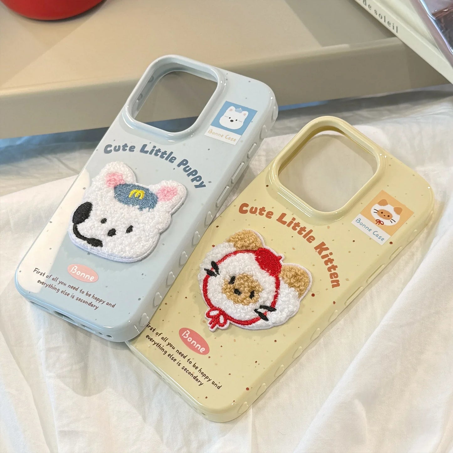 Cute Cartoon 3D Plush Embroidered Puppy Kitten Soft Phone Case For iPhone