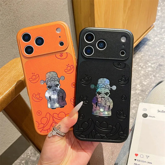 Luxury Cartoon God Of Wealth Laser Leather Texture Phone Case For iPhone