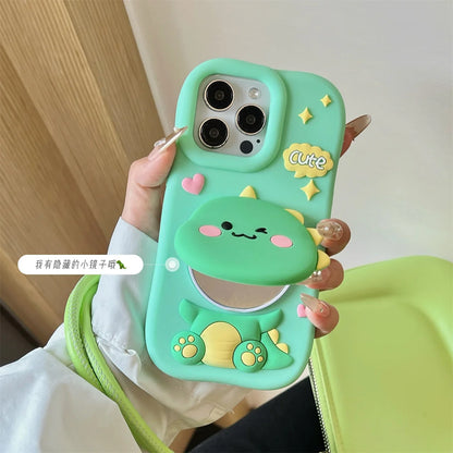 Cute Dinosaur Case Soft Silicone Cover With Holder&Mirror For iPhone