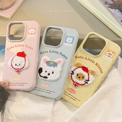 Cute Cartoon 3D Plush Embroidered Puppy Kitten Soft Phone Case For iPhone