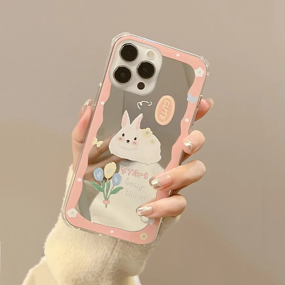Cute Cartoon Rabbit Makeup Mirror Phone Case For iPhone