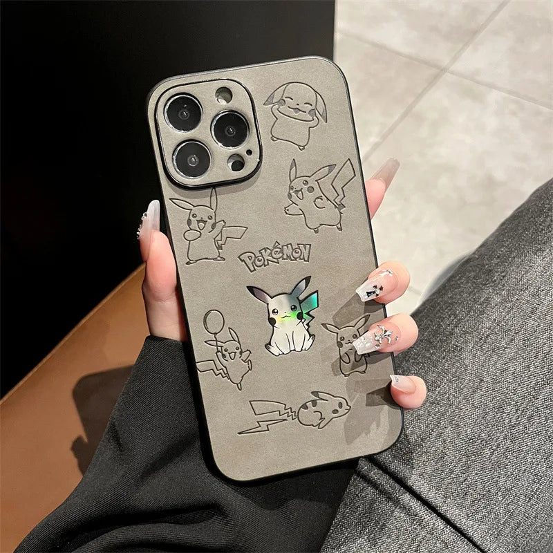 Cute Cartoon Anime Pikachu Leather Texture Laser Phone Case For iPhone