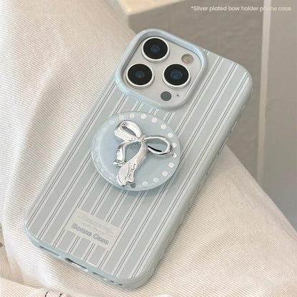Korean Cute Blue Striped 3D Sliver Bowknot Bracket Soft Phone Case For iPhone