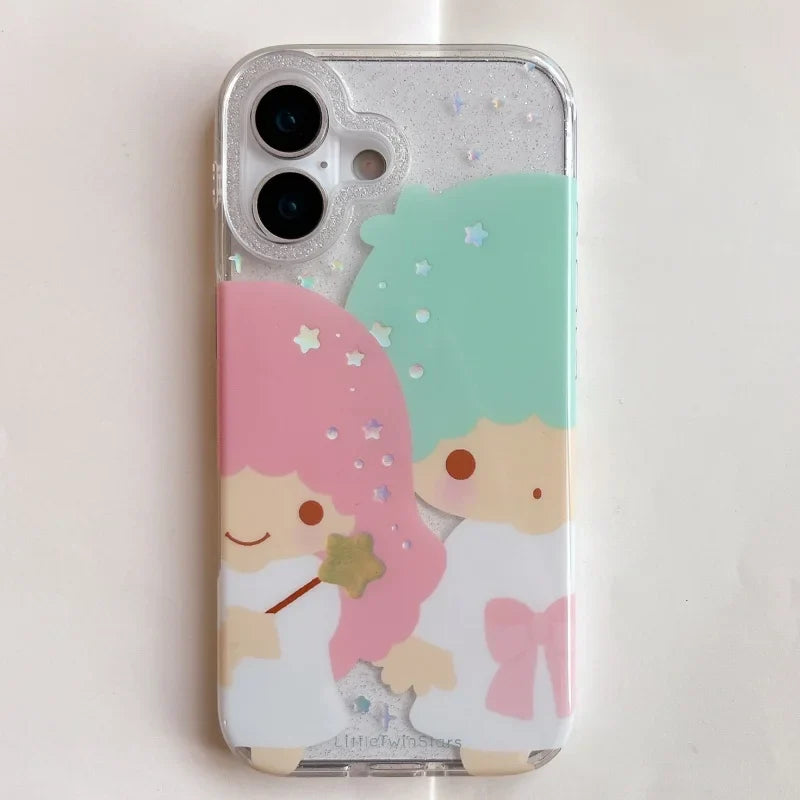 Kawaii Cute Couple Cartoon Star Gemini  Sparkling Phone Case For iPhone