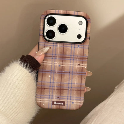 Cute Grid Pattern Cartoon Embroidery Puppy Bracket Magnetic Phone Case For iPhone