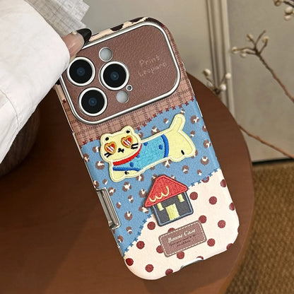 Korean Leopard Print 3D Cartoon Kitten House Leather Texture Phone Case For iPhone