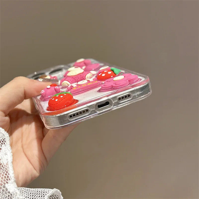 3D Cartoon Strawberry Bear Drop Glue Glitter Phone Case For iPhone