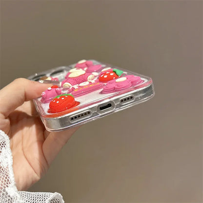 3D Cartoon Strawberry Bear Drop Glue Glitter Phone Case For iPhone