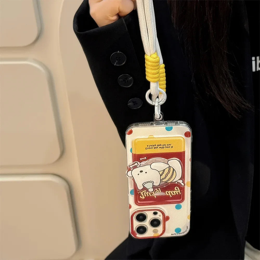 Cute Cartoon Puppy Bracket Card Holder Phone Case With Lanyard For iPhone