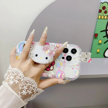 Cute 3D Cartoon Hello Kitty Diamond Bracket Wave Phone Case For iPhone