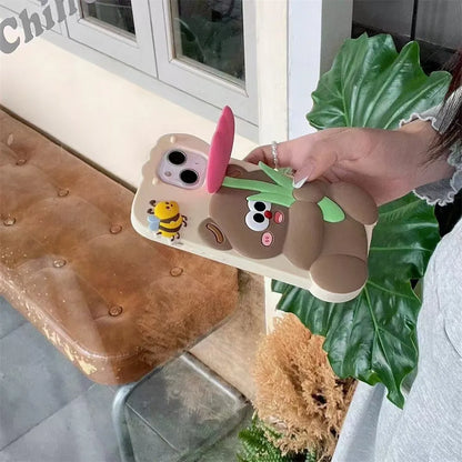 Kawaii 3D Cartoon Bear Holding Tulip Phone Case