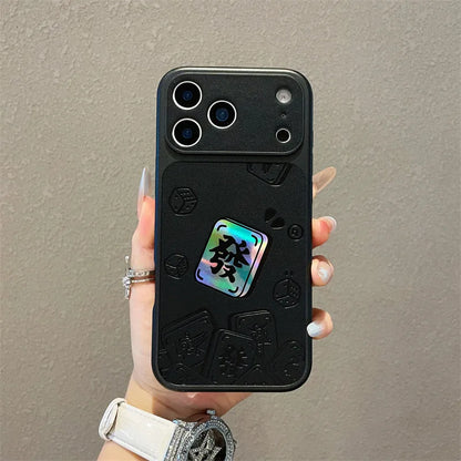 Luxury Cartoon Mahjong Get Rich Laser Leather Texture Couple Phone Case For iPhone