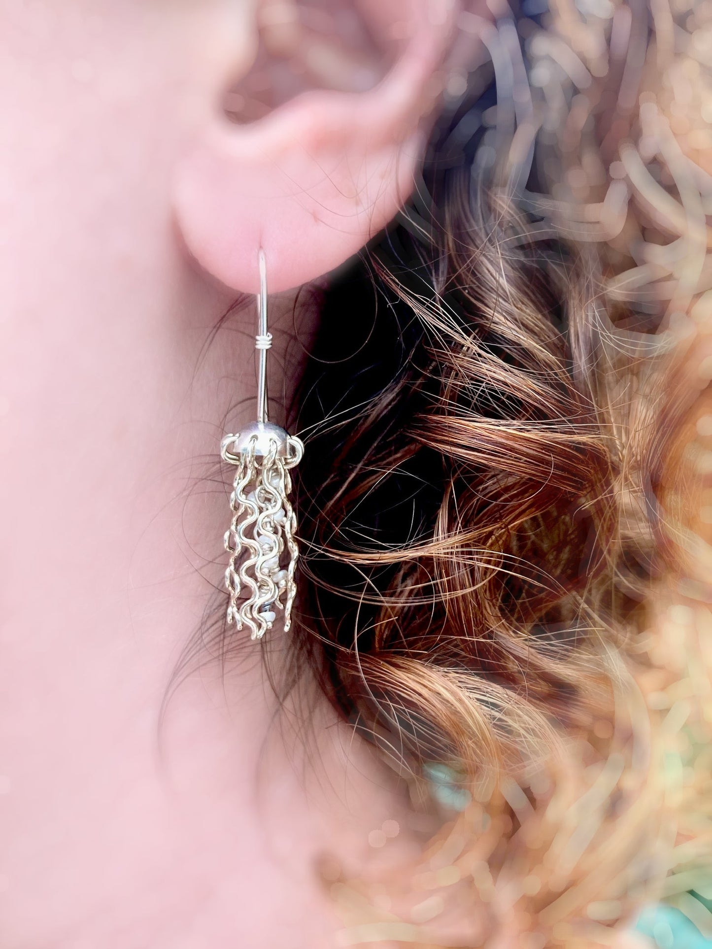 Mini Jellyfish Earrings in Sterling Silver with White Pearls