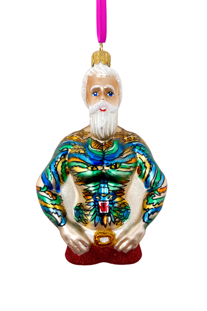 Tattoo Santa Glass Christmas Ornament