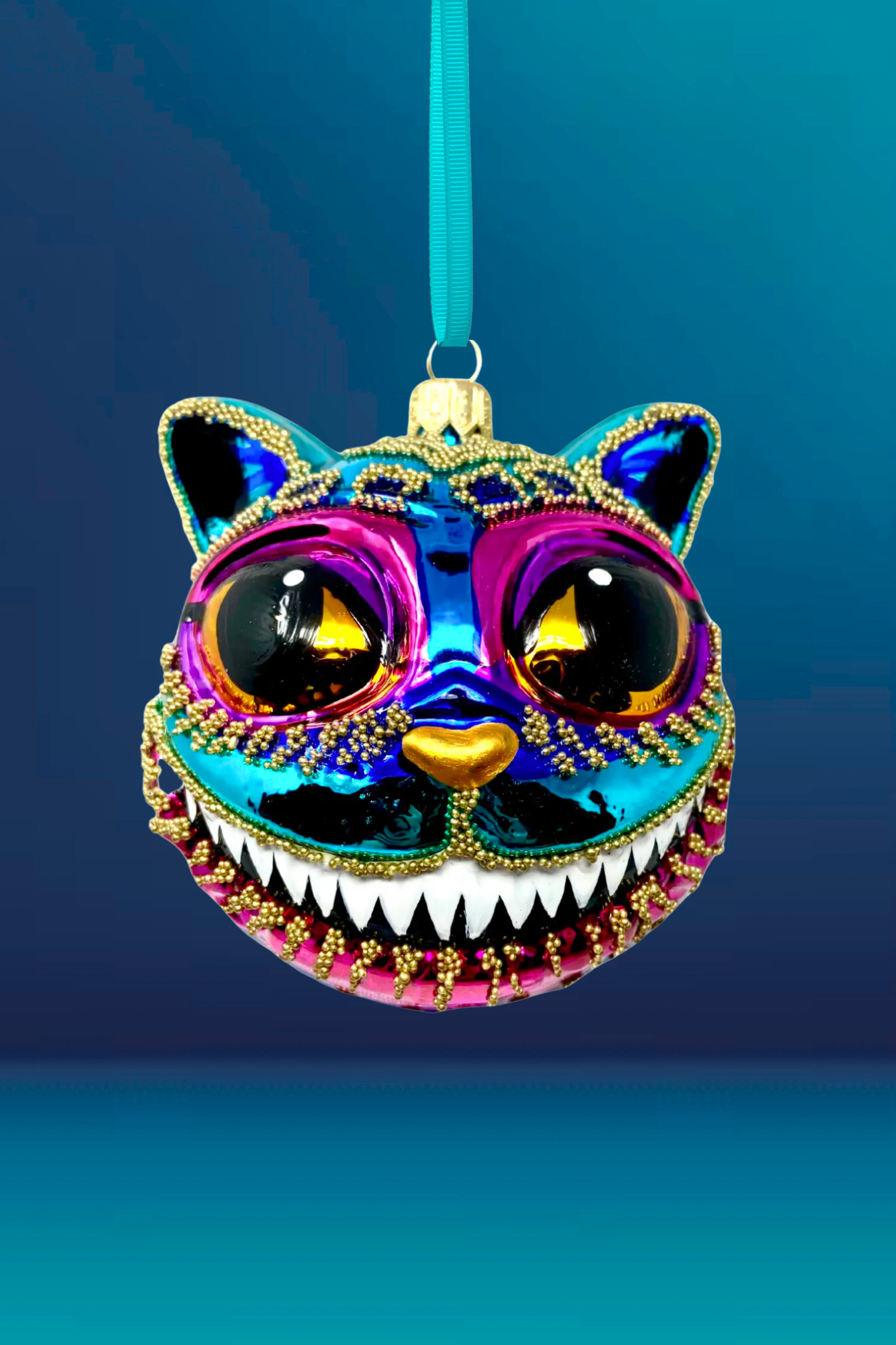 Teal Cheshire Cat Glass Ornament