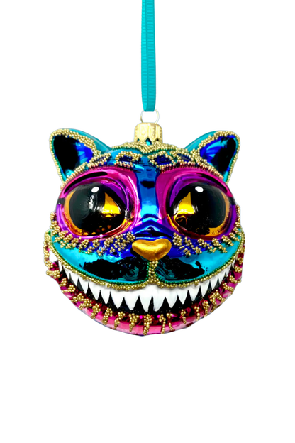 Teal Cheshire Cat Glass Ornament