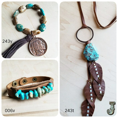 Genuine Leather Narrow Cuff with Turquoise Regalite Stones 006v