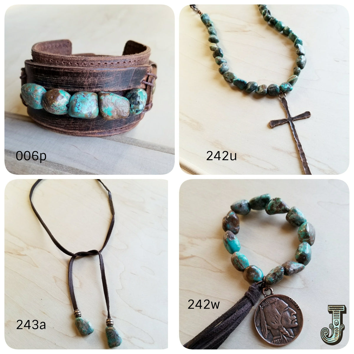 Natural Turquoise Beaded Necklace wi/ Copper Cross Pendant 242u