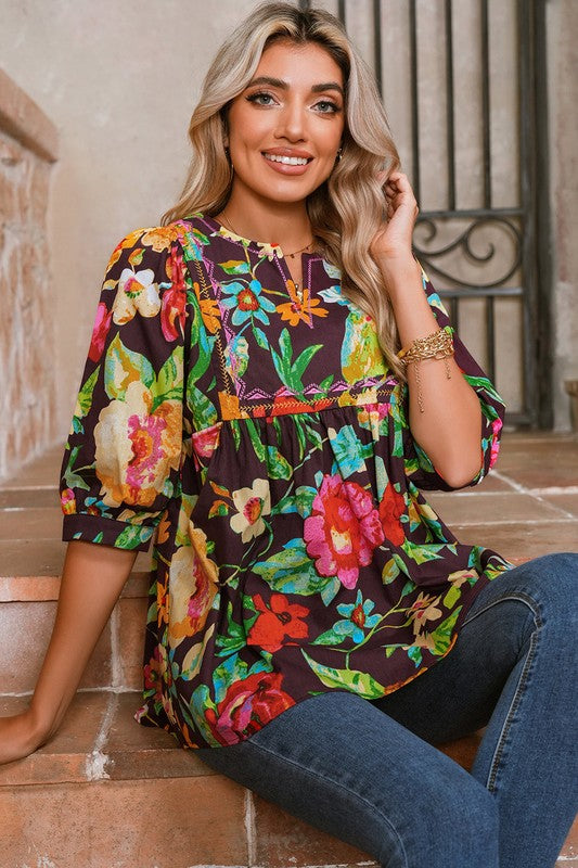 Gray Flower Embroidered Trim Half Sleeve Blouse