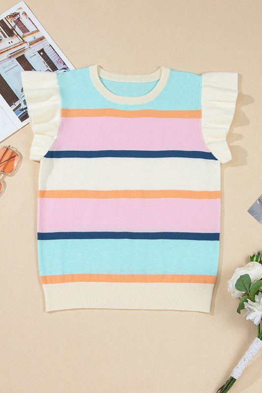 Multicolour Striped Colorblock Flutter Sleeve Knit