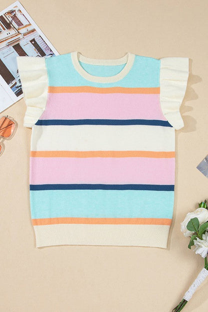 Multicolour Striped Colorblock Flutter Sleeve Knit