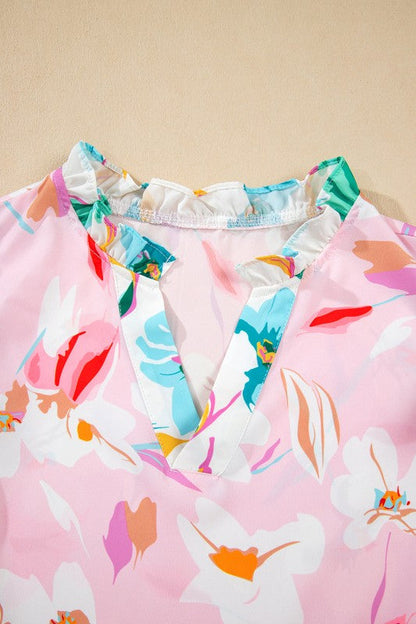 Multicolour Floral Patchwork Frill Notched Neck Ru