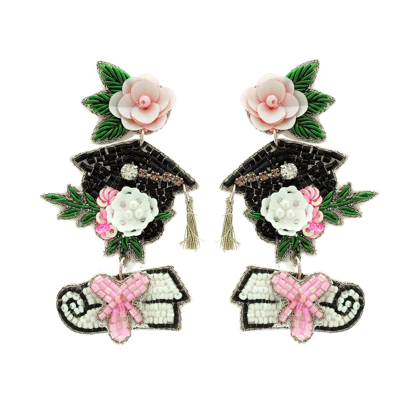 Floral Graduate Cap Diploma Sequin Beaded Earrings