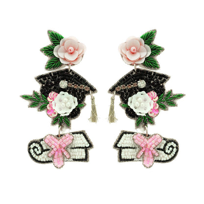 Floral Graduate Cap Diploma Sequin Beaded Earrings
