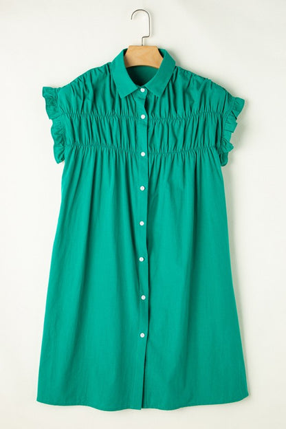 Green Shirred Ruffle Sleeve Button Up Short Dress