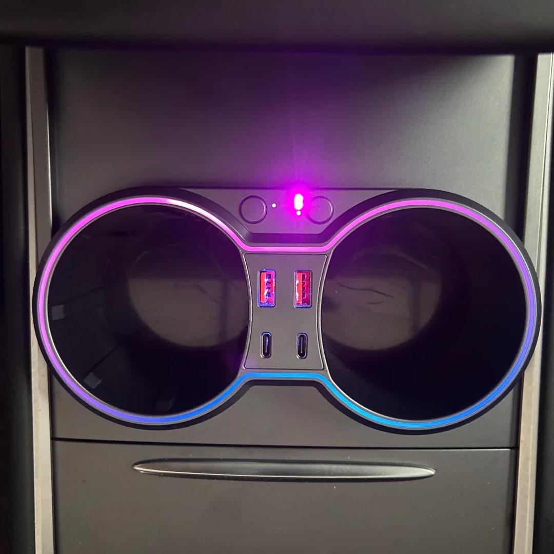 Console Cup Holder Expansion Dock with Lighting for Tesla Model 3/Y