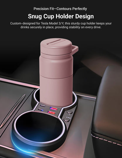 Console Cup Holder Expansion Dock with Lighting for Tesla Model 3/Y