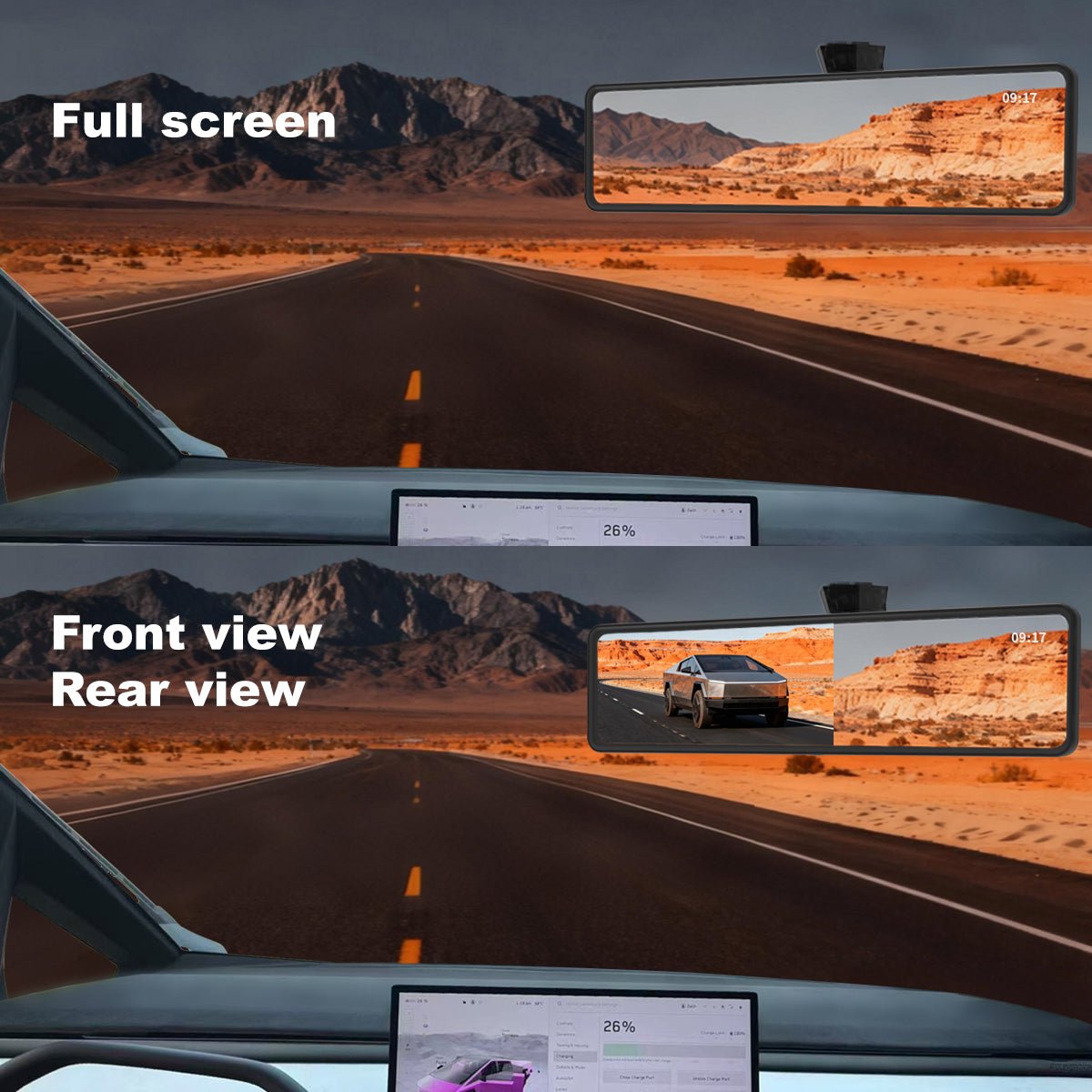Cybertruck 11.26" Streaming Rearview Mirror | 2K Dual Dashcam & 105° Expanded Vision