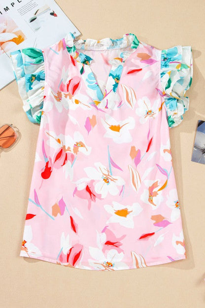 Multicolour Floral Patchwork Frill Notched Neck Ru