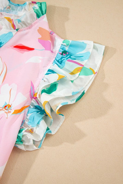 Multicolour Floral Patchwork Frill Notched Neck Ru